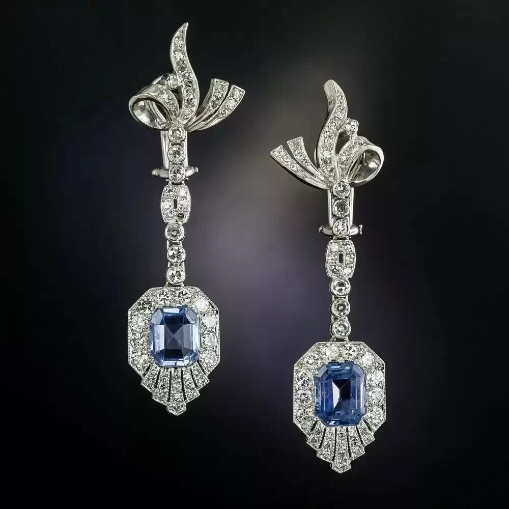 Art Deco Lab Created Diamond & Sapphire Anniversary 14k White Gold FN Earring