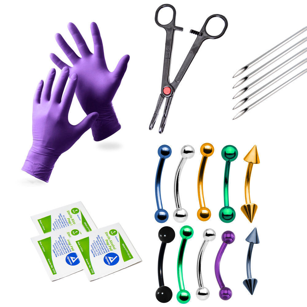 Eyebrow & Ear Cartilage Pro Piercing Kit Needles Curved Barbells Gloves 20pc.