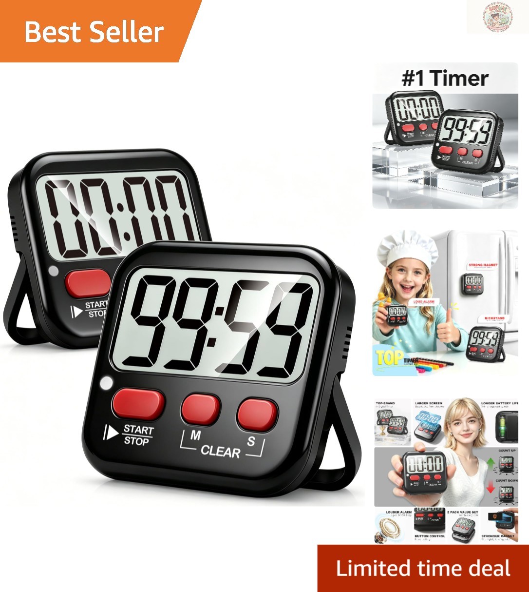 Easy View 2-Pack Kitchen & Classroom Digital Timers with Alarm & Mute Modes