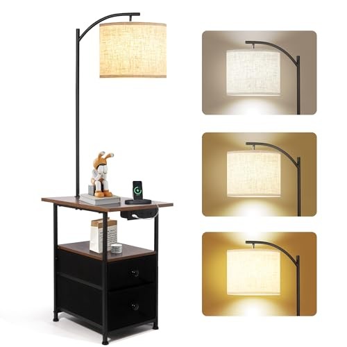 Floor Lamp with Table & 2 Drawers, End Table with 3 Color Temperature Reading