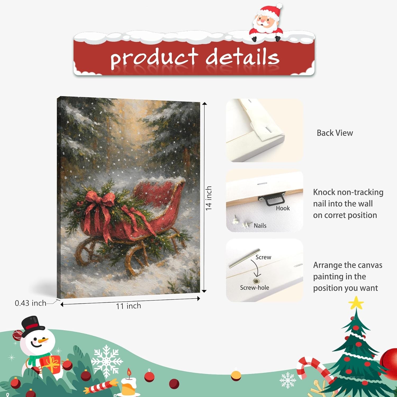 FISWAFY Vintage Christmas Red Sleigh Framed Canvas Wall Art Decor,