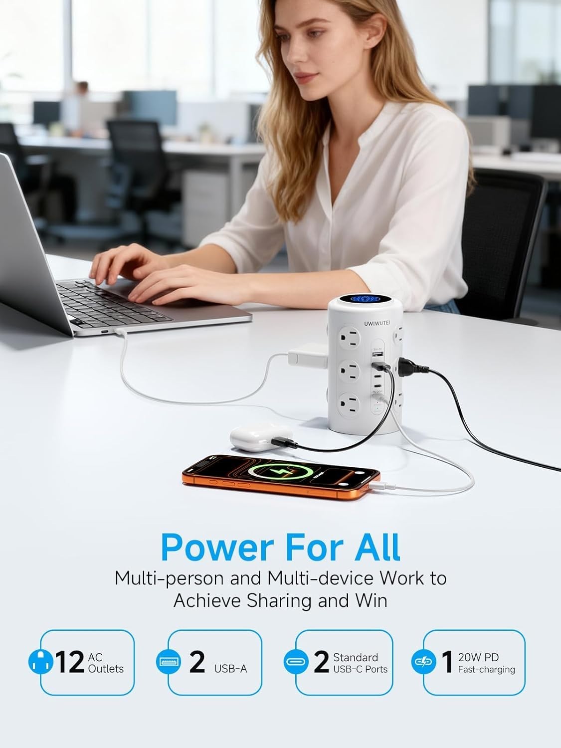 Vertical Charging Station with 12 Outlets, 5 USB Ports