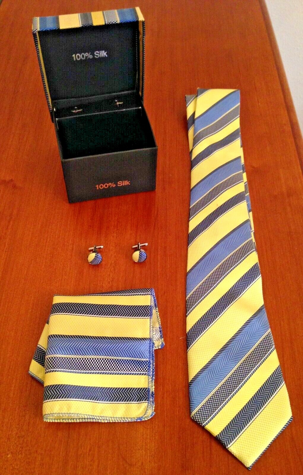 NEW, Men’s 100% Silk Tie, Handkerchief, And Cufflinks Gift Set Includes Gift Box