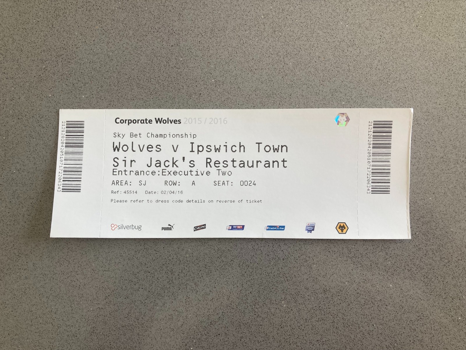 Wolverhampton Wanderers v Ipswich Town 2015-16 Match Ticket