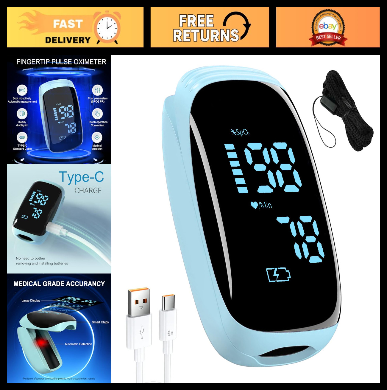 Portable Pulse Oximeter - Rechargeable Fingertip SpO2 Monitor with Heart Rate, S