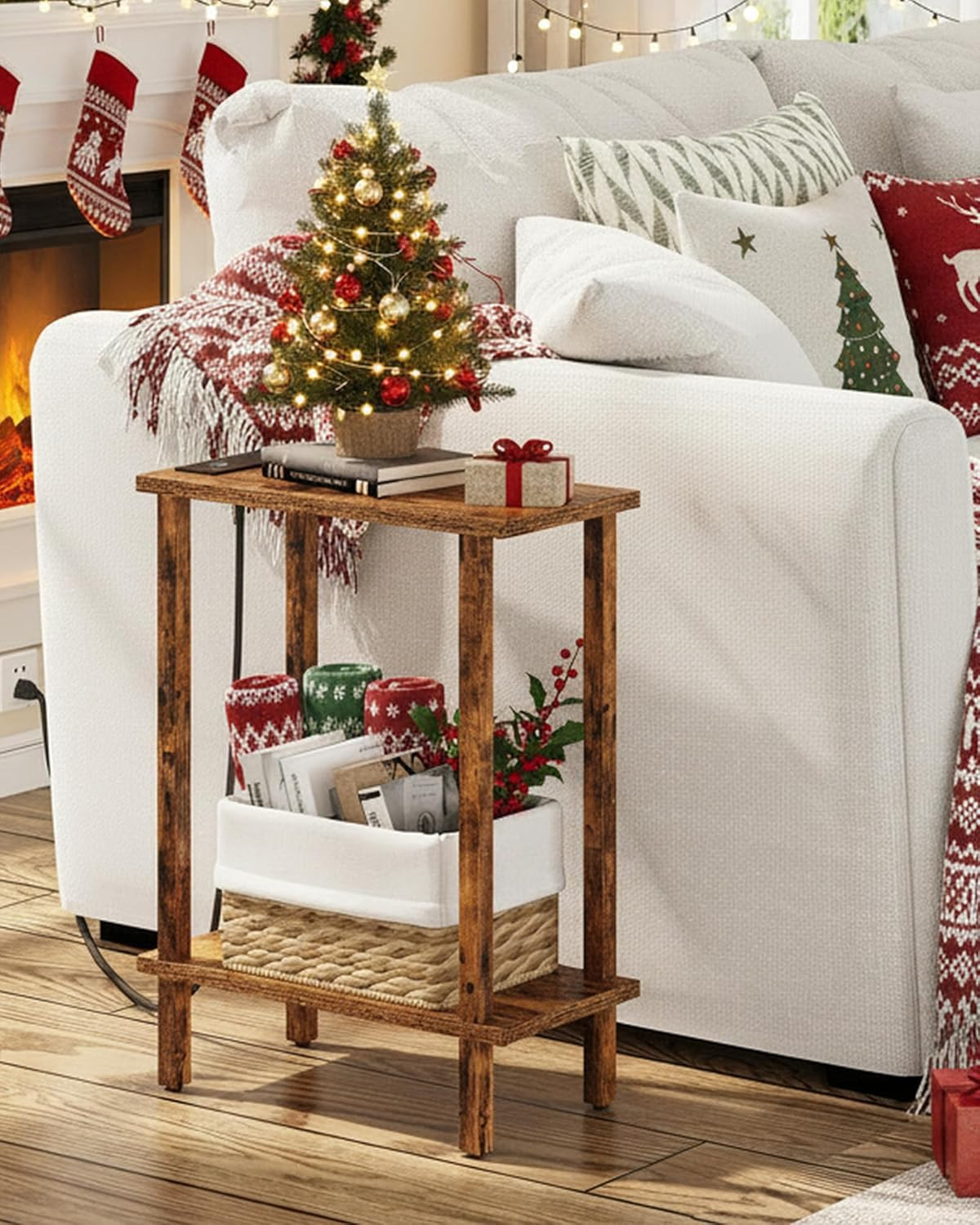 Small End Table w/ Charging Station Narrow Side Skinny Sofa Table Nightstand