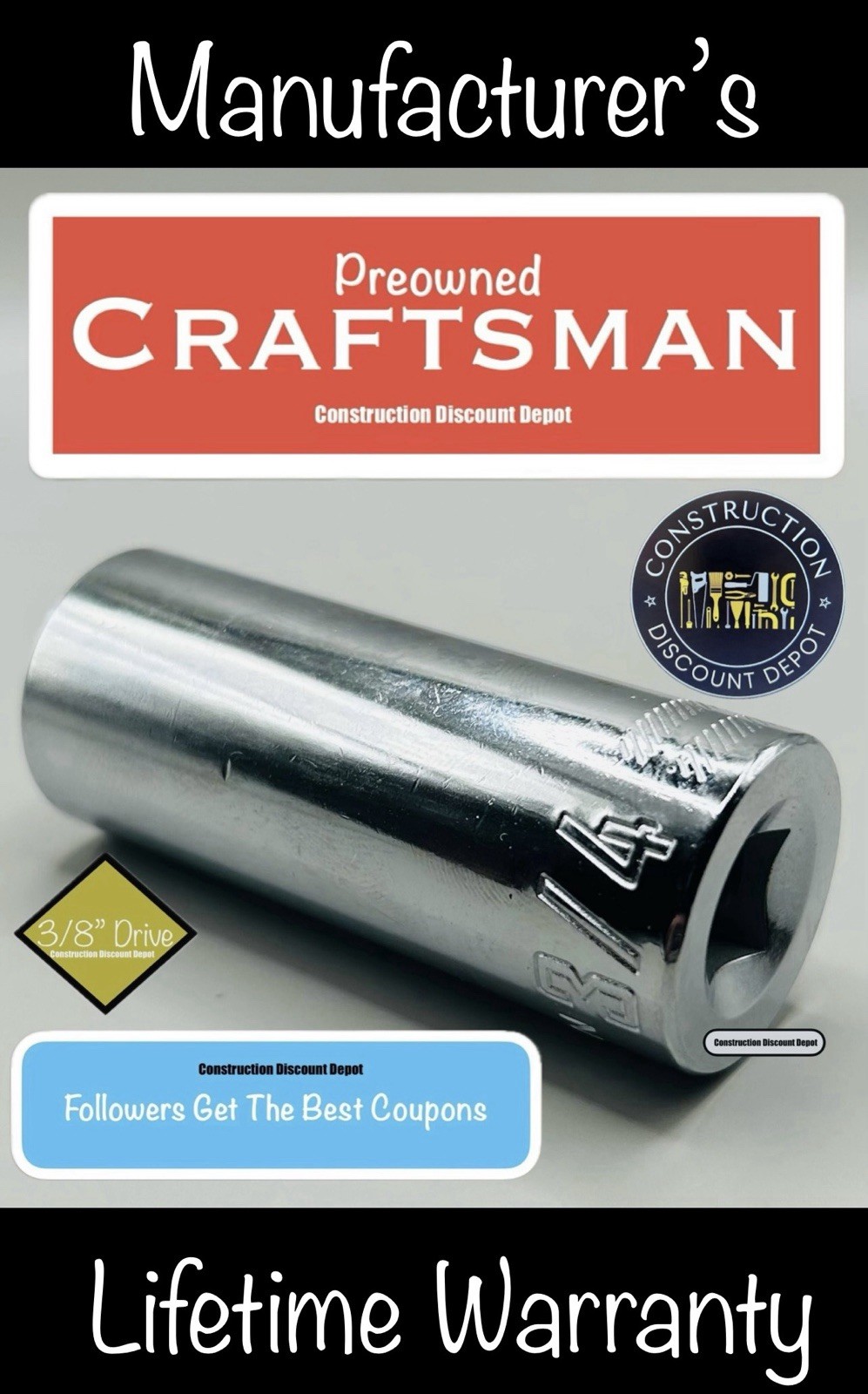 USED Craftsman 6 Point 3/8" Drive Chrome Deep 3/4"  Socket CMMT43337