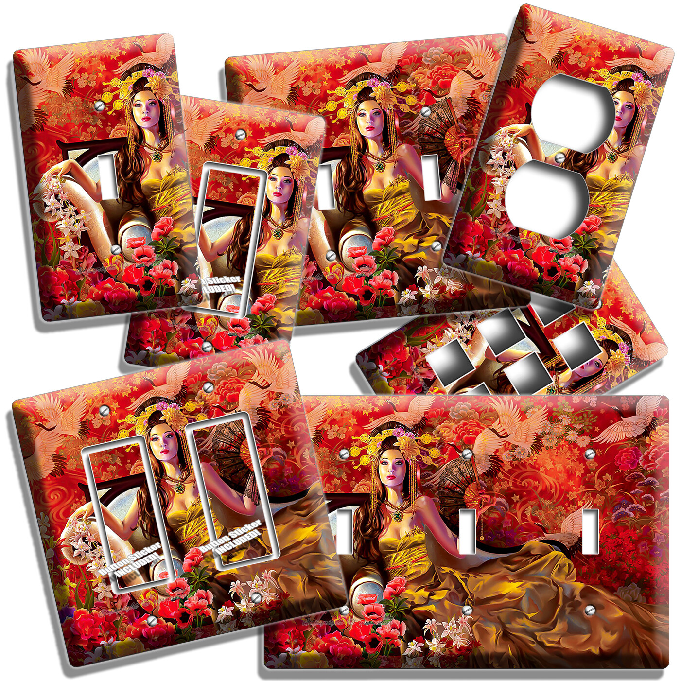 ASIAN BEAUTY WITH HAND FAN SWITCH OUTLET WALL COVER PLATE ROOM BEDROOM ART DECOR