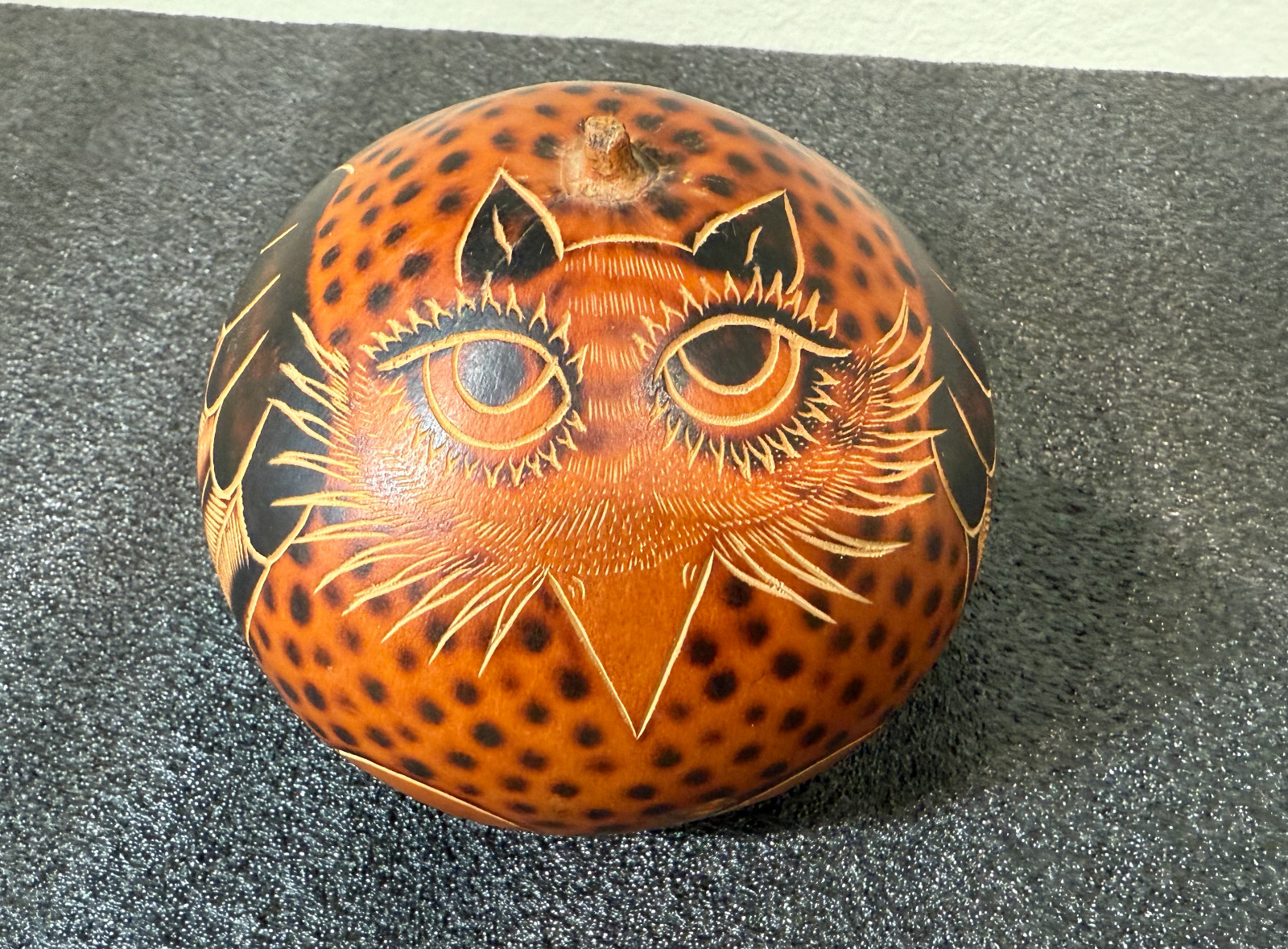 Signed Pyrography Gourd Owl Hand Carved Etched Peruvian Bertha Medina