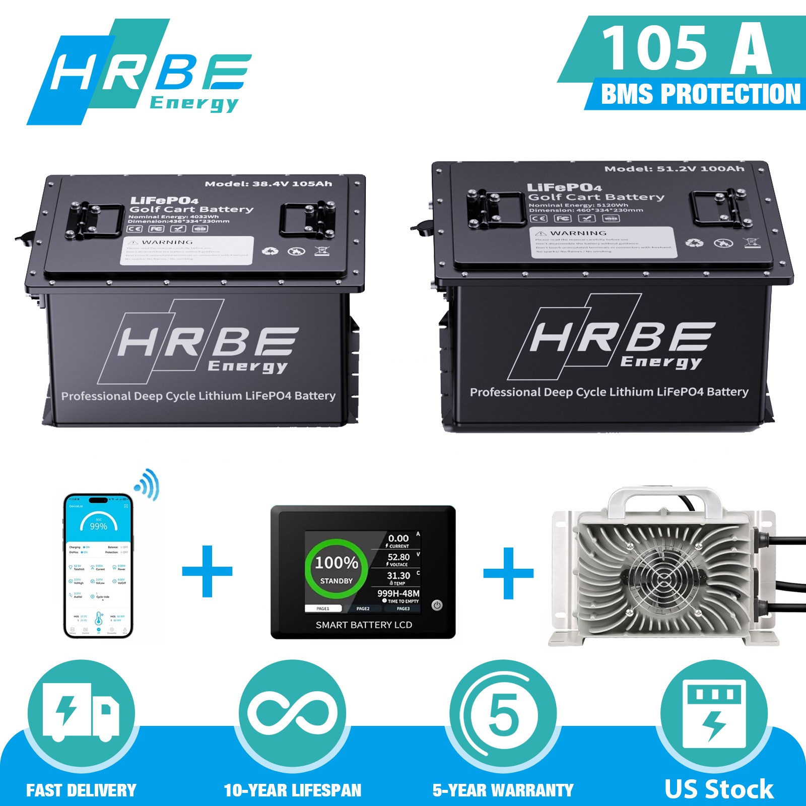 36V/48V 105Ah Golf cart LiFePO4 Lithium Battery 200Amp BMS 15000+ Deep Cycle US