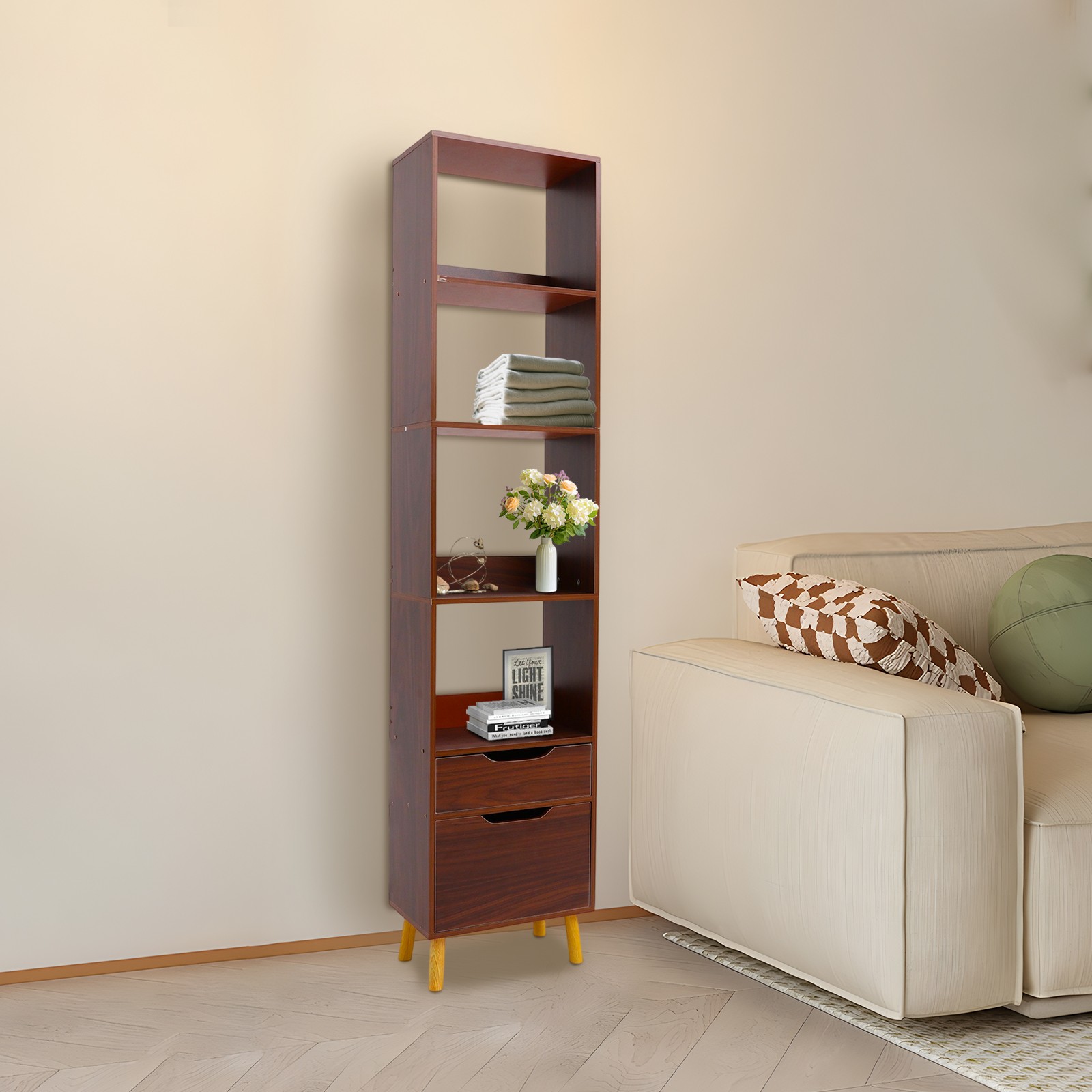 Walnut Standing Storage Shelf Freestanding Storage Rack Tall Open Bookshelf US~