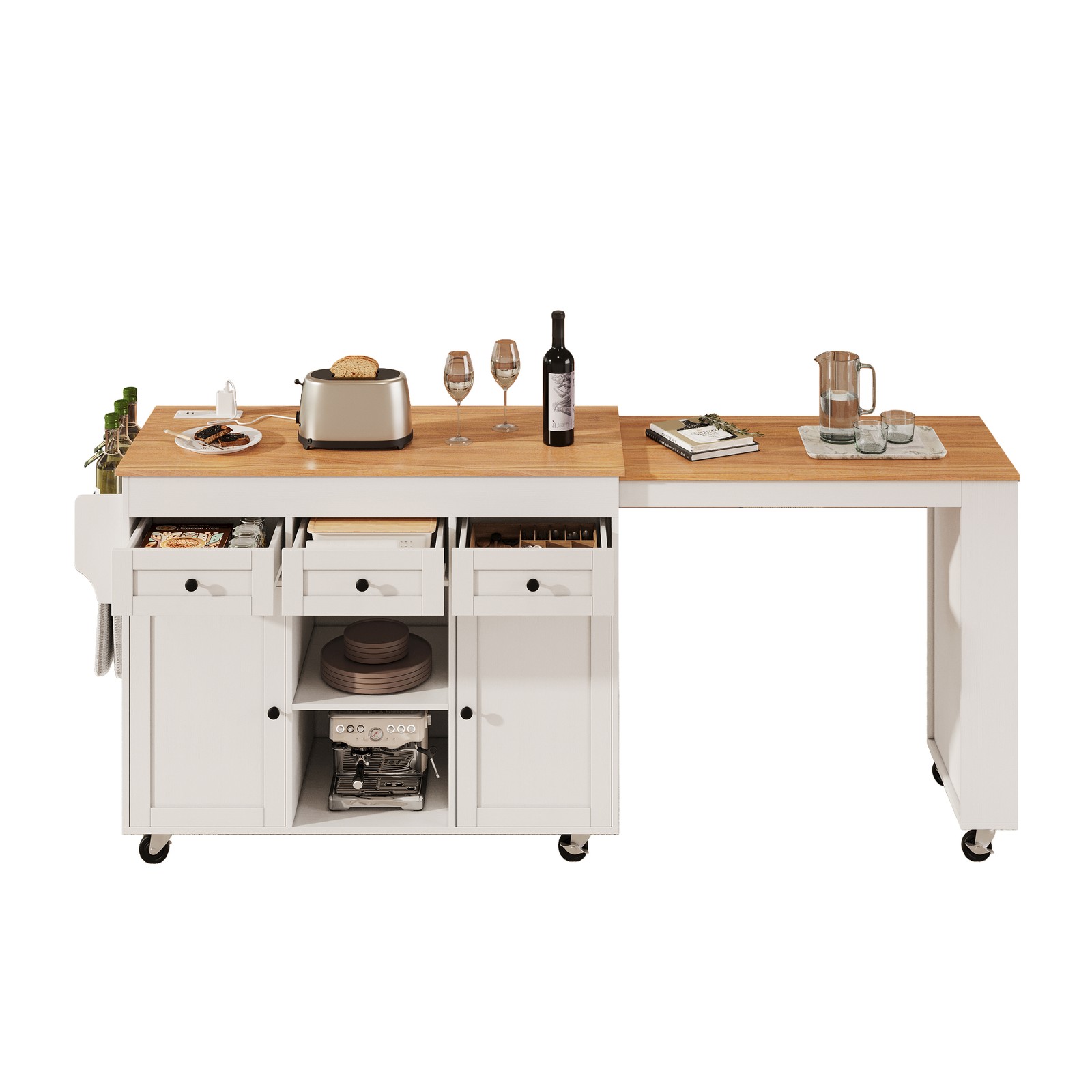 White Kitchen Island with Extendable Dining Table, 3 Drawers, 2 Doors, 85.5"