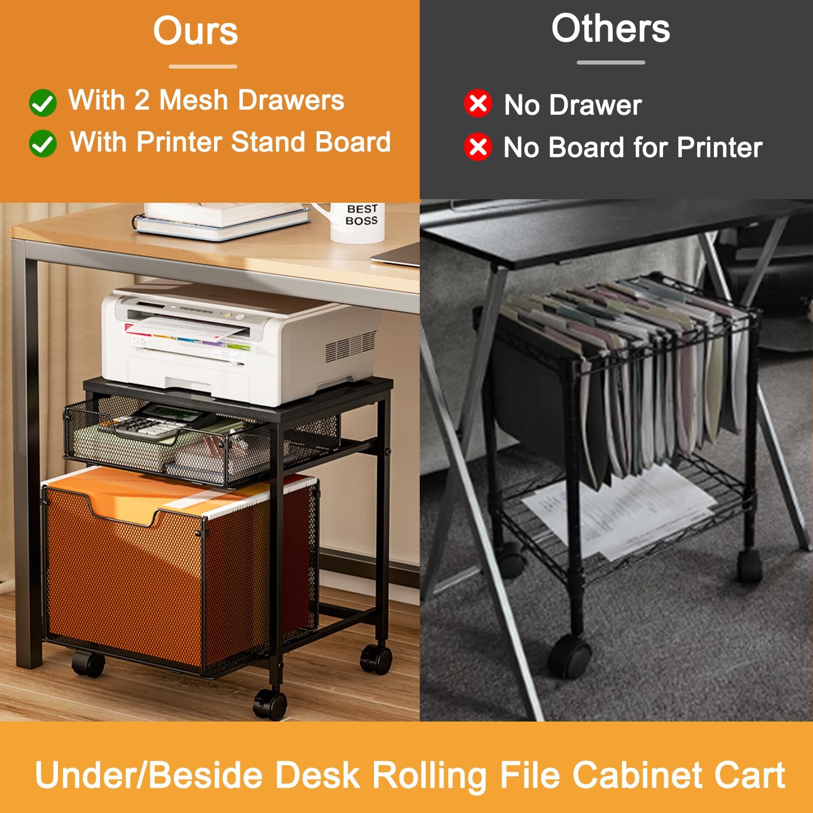 Rolling File Cabinet Cart, Printer Stand with Storage Drawer, Mobile Filing C...
