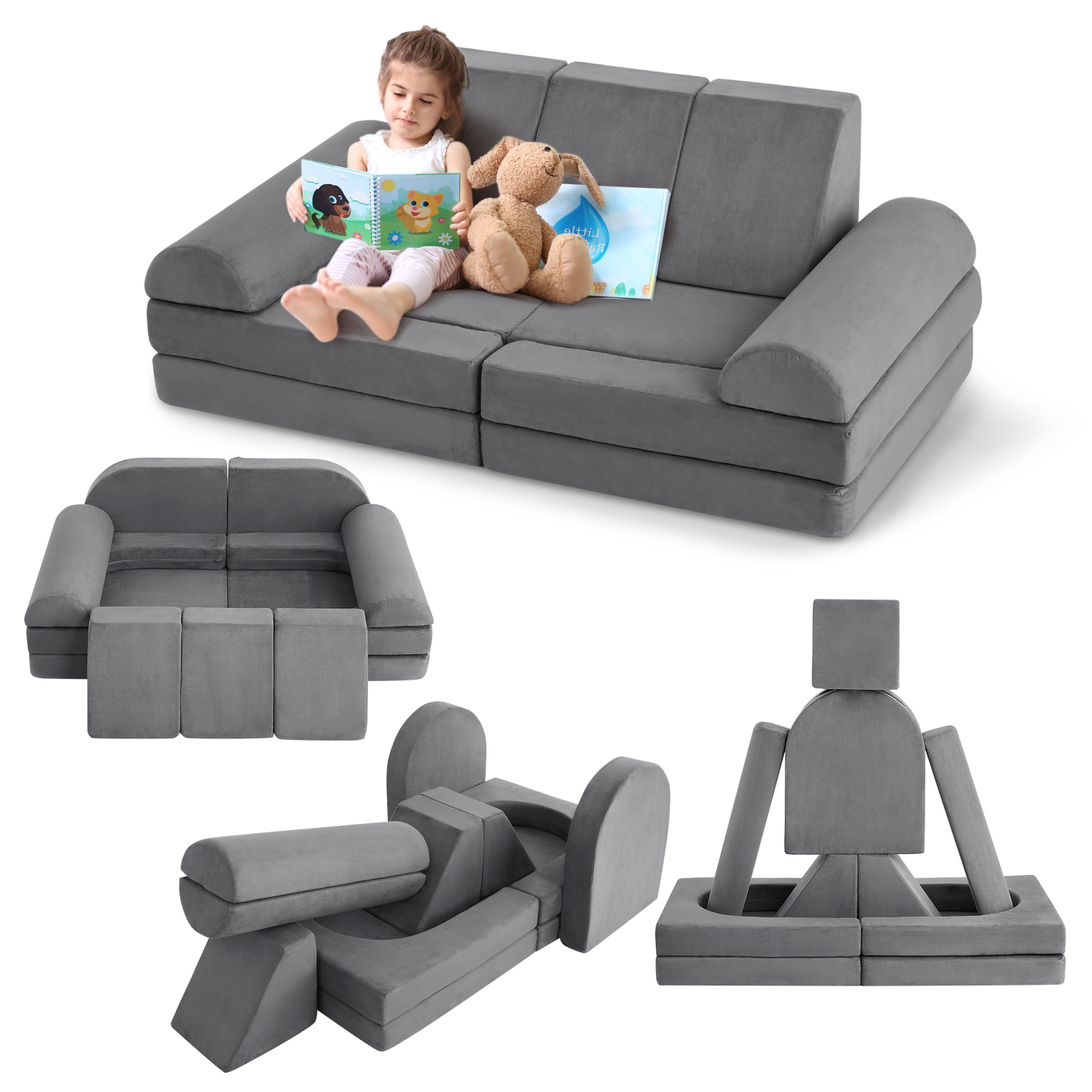 10Pcs Modular Kids Play Couch Convertible Foam Couch High-density 25D Sponge