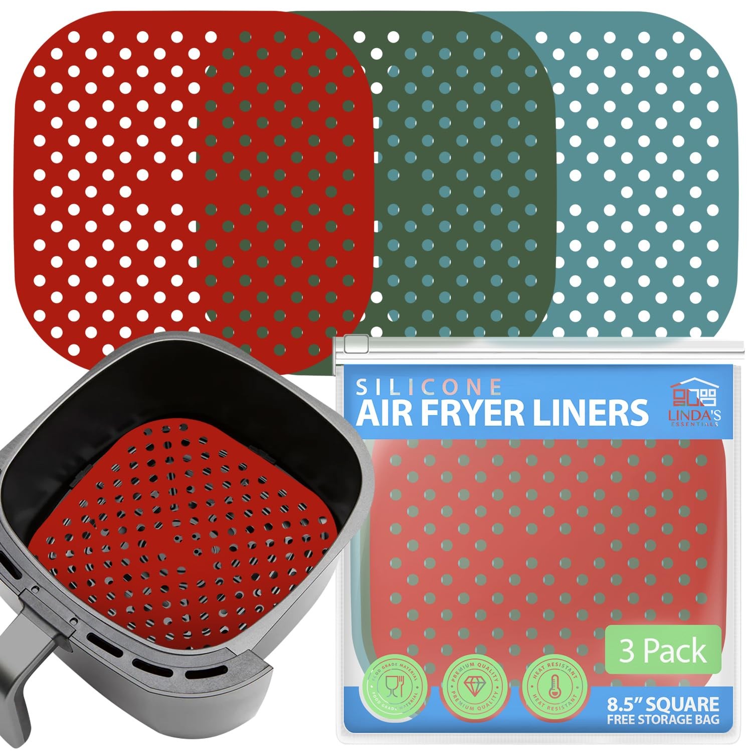Reusable Square Silicone Air Fryer Liners (8.5 Inch, 3 Inches)