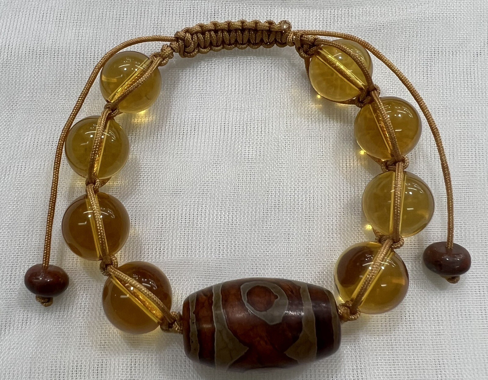 Handmade Braided Unique 5”~10” Adjustable Bracelet with Citrine, Tibetan Beads