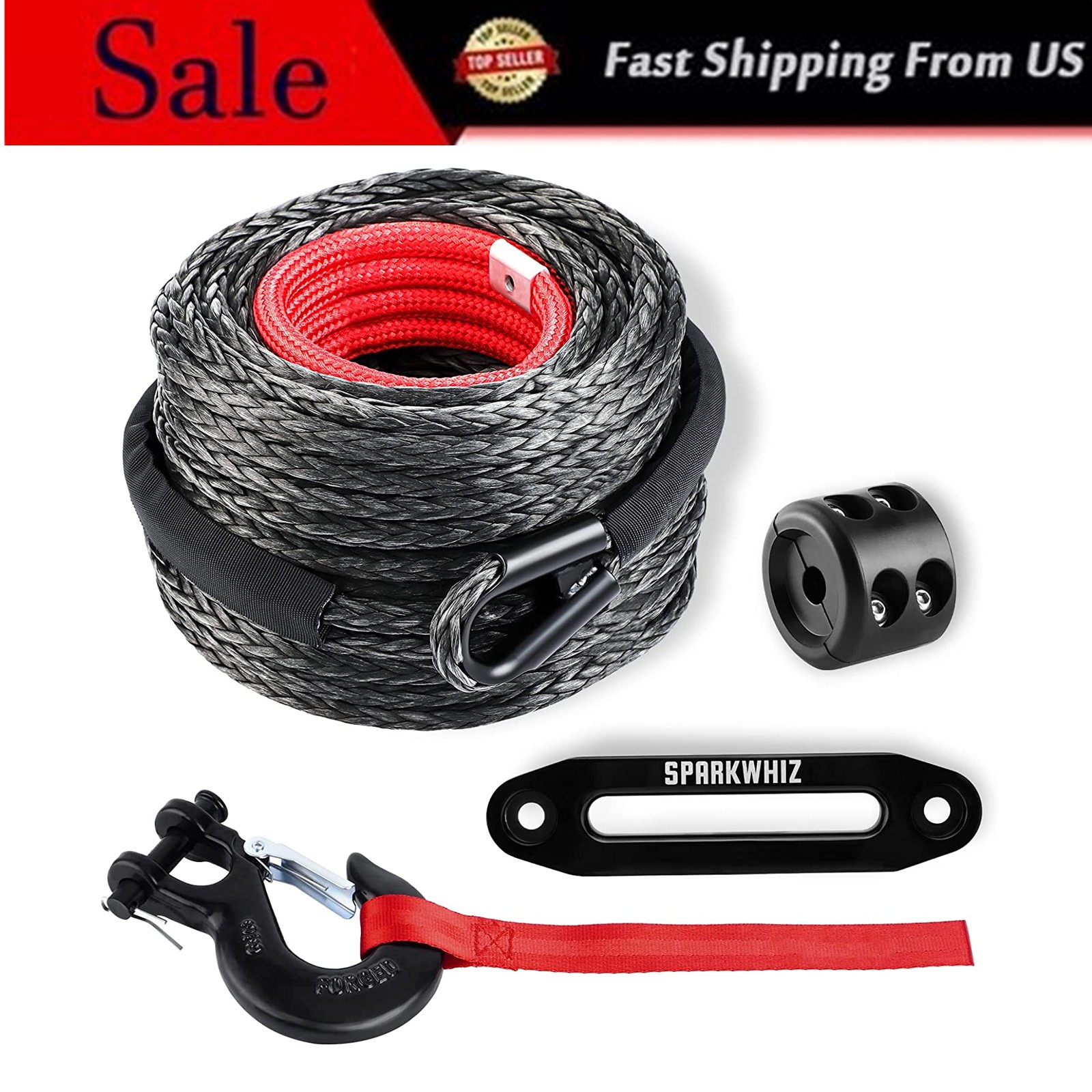 3/8"x100ft 26500LBS Synthetic Winch Rope Winch Line Cable & Winch Hook for ATV