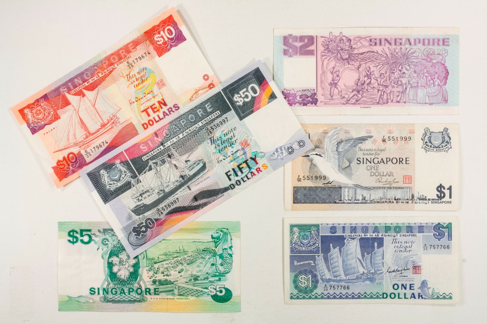 1976 - 1994 Singapore Notes. 6 Note Lot. XF - AU