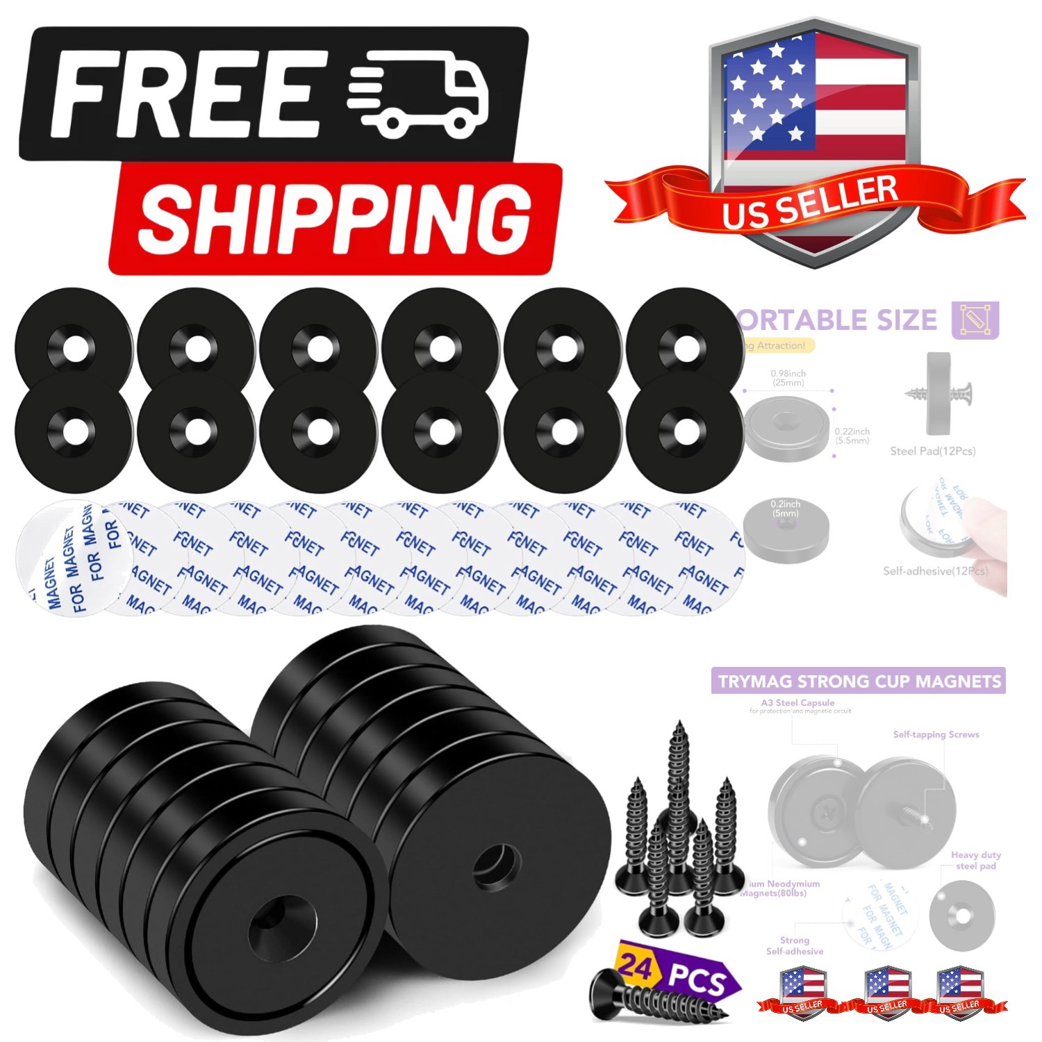 12 Pack Rare Earth Neodymium Cup Magnets, 80Lbs Heavy Duty with Screw, Steel ...