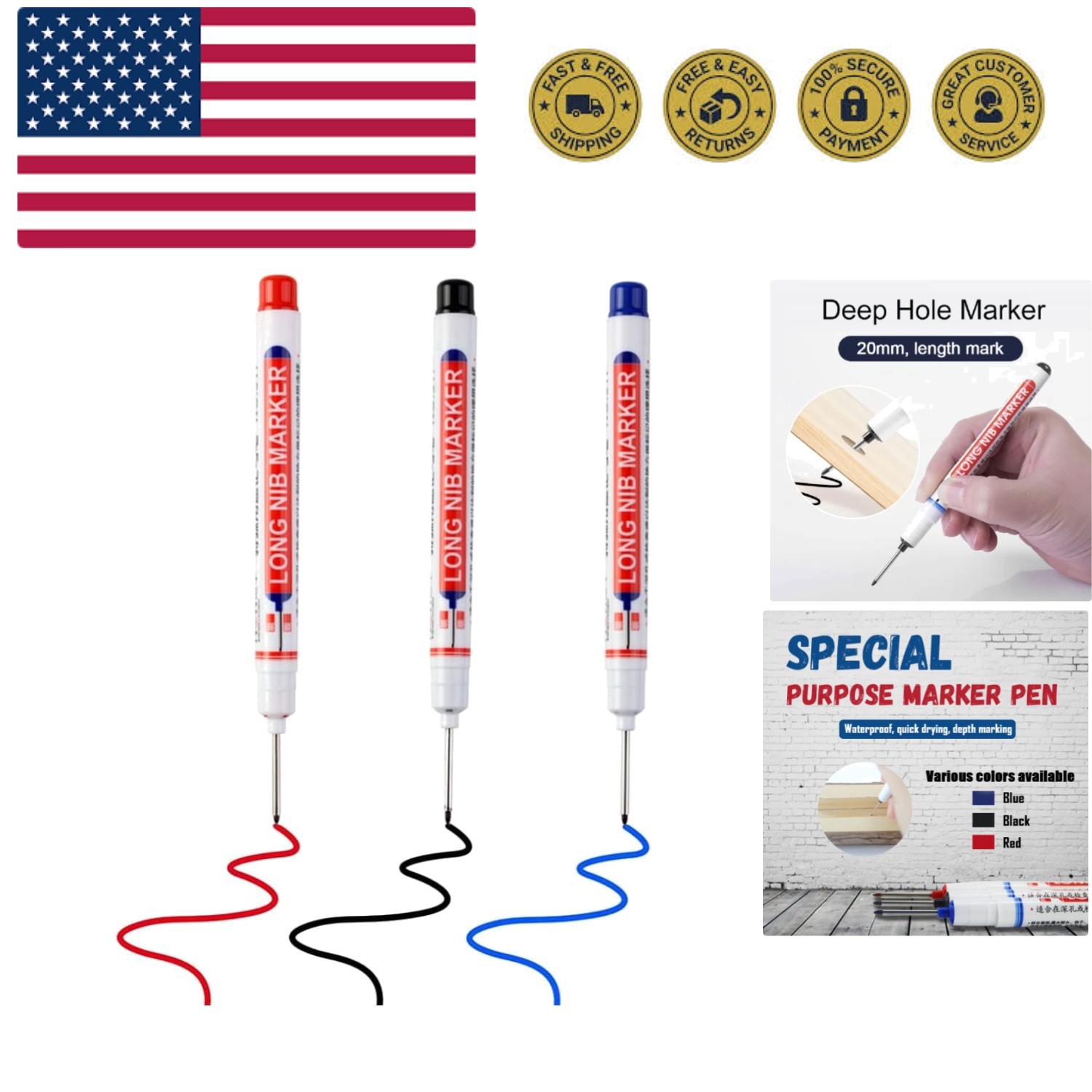 Versatile Deep Hole Pens - 3 Colors for Precision Marking in Artisanal Work
