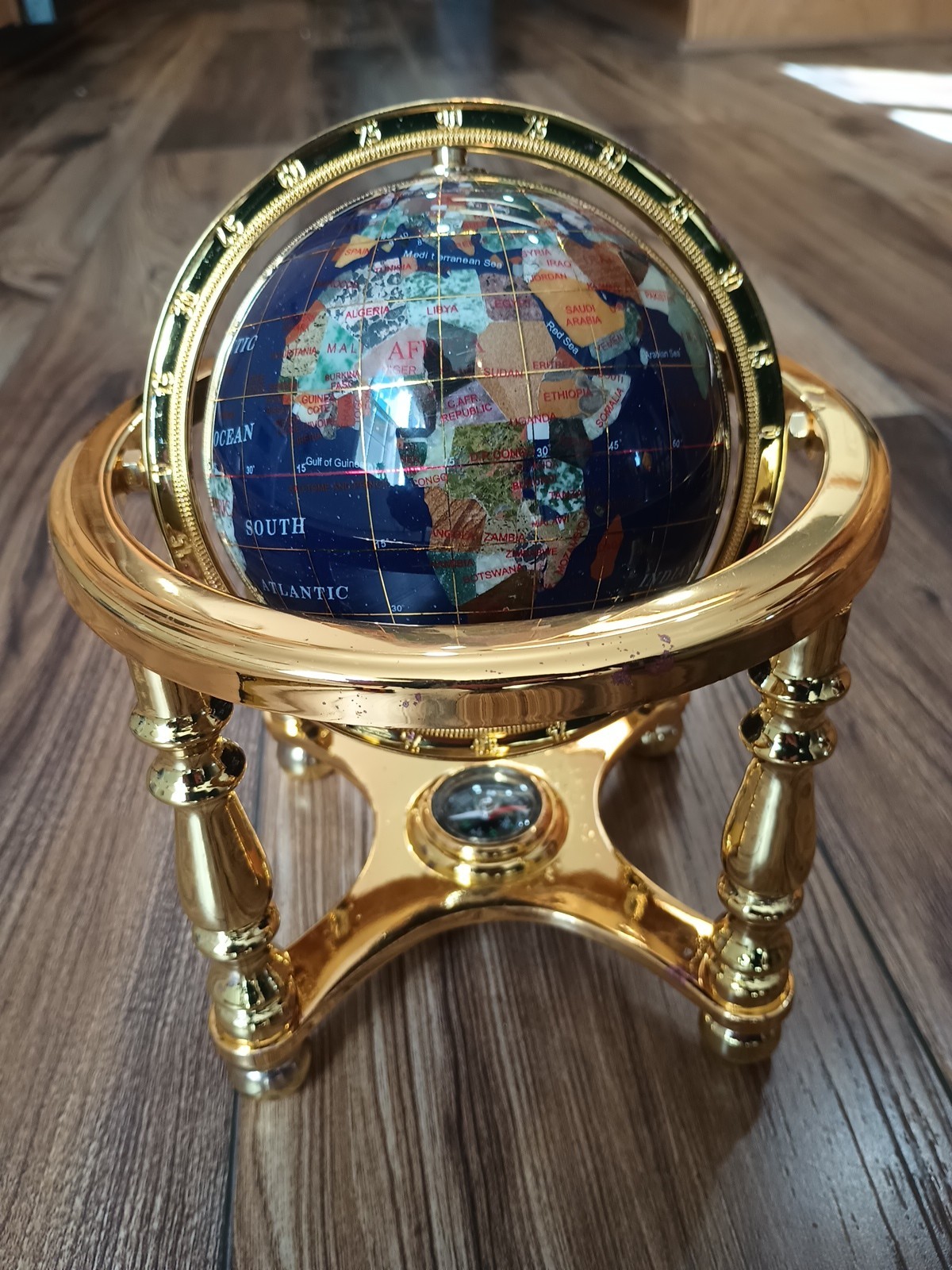 Gemstone World Globe w/ Gold-Toned Brass Stand W/Compass
