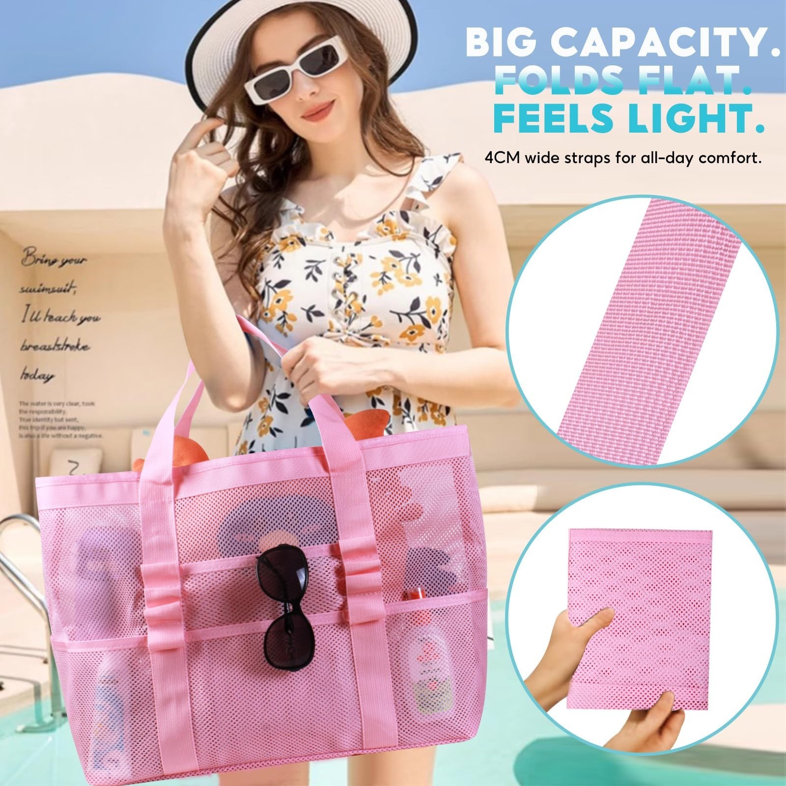 Large Mesh Beach Bag – Lightweight Beach Tote with 9 Pockets, Beach Bag fo