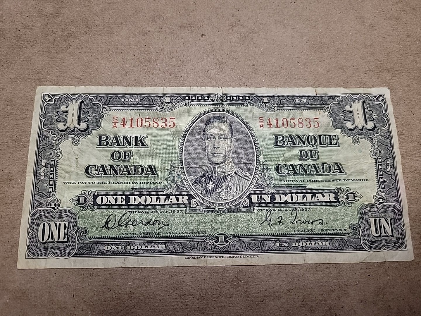 🇨🇦 Canada 1 dollar 1937 BC-21 P-58d  S/A Gordon / Towers  F banknote 012724-18