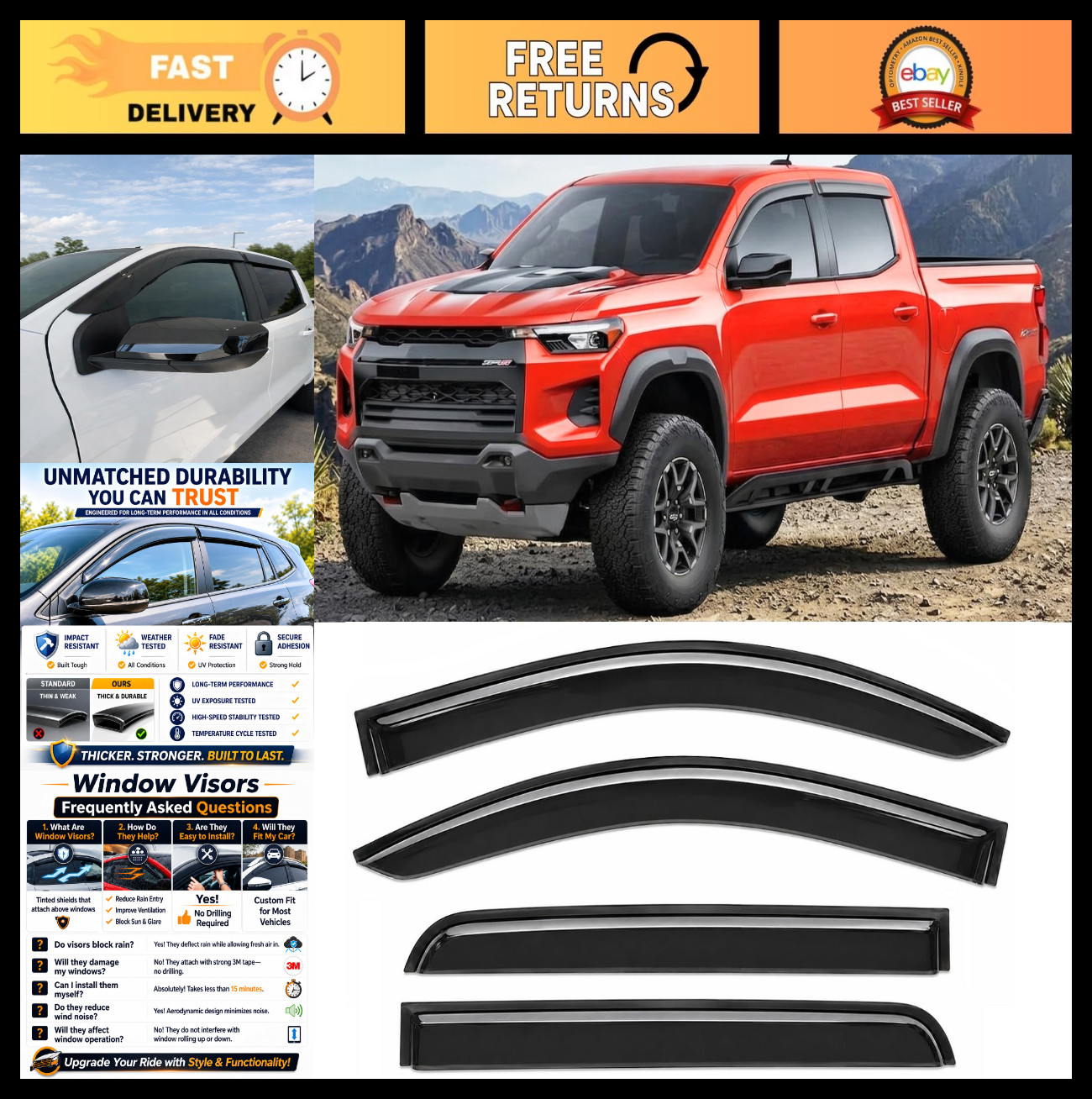 Tape-On Rain Guards for Chevy Colorado & GMC Canyon | Side Window Visor Deflecto