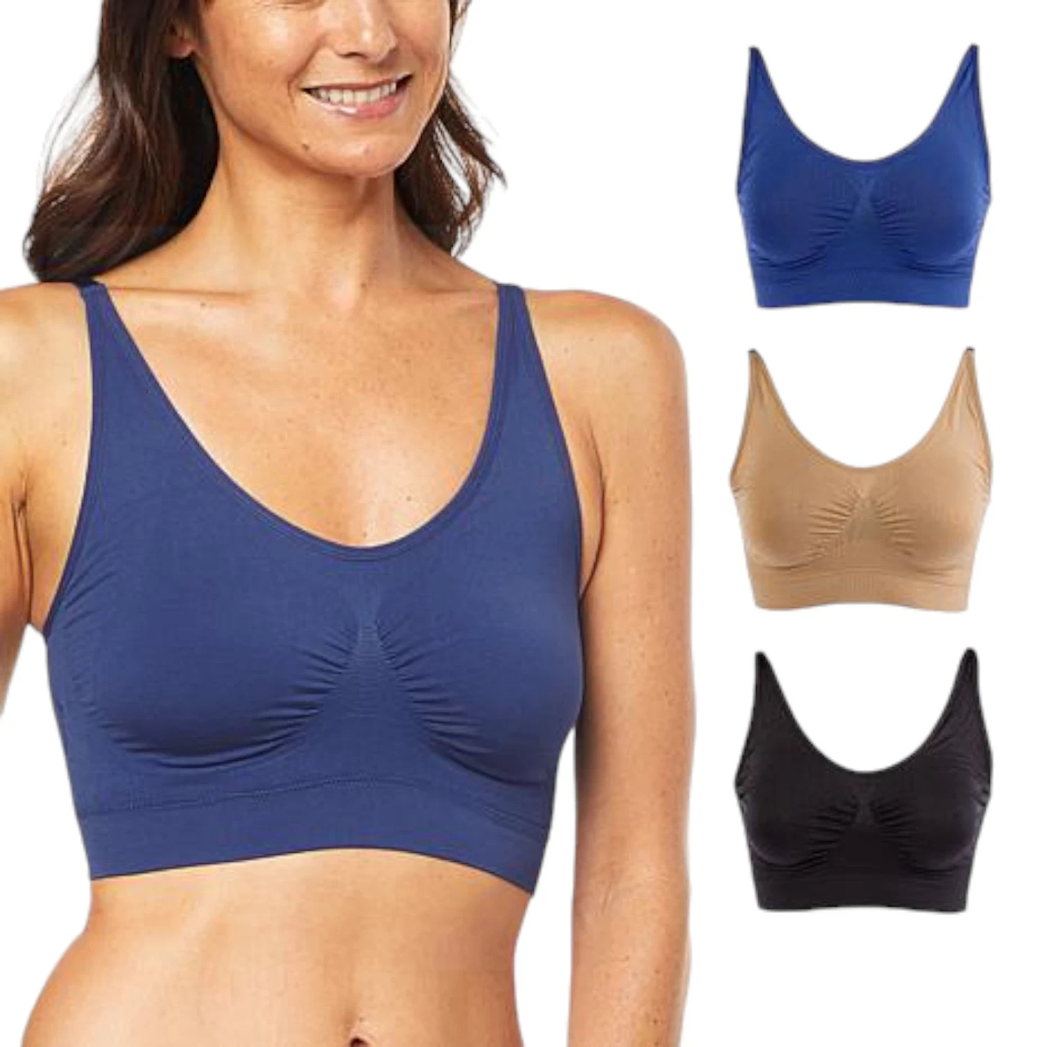 Rhonda Shear 3-pack Ahh Bra Removable Pads Adjustable Strap Blk/Beige Size M