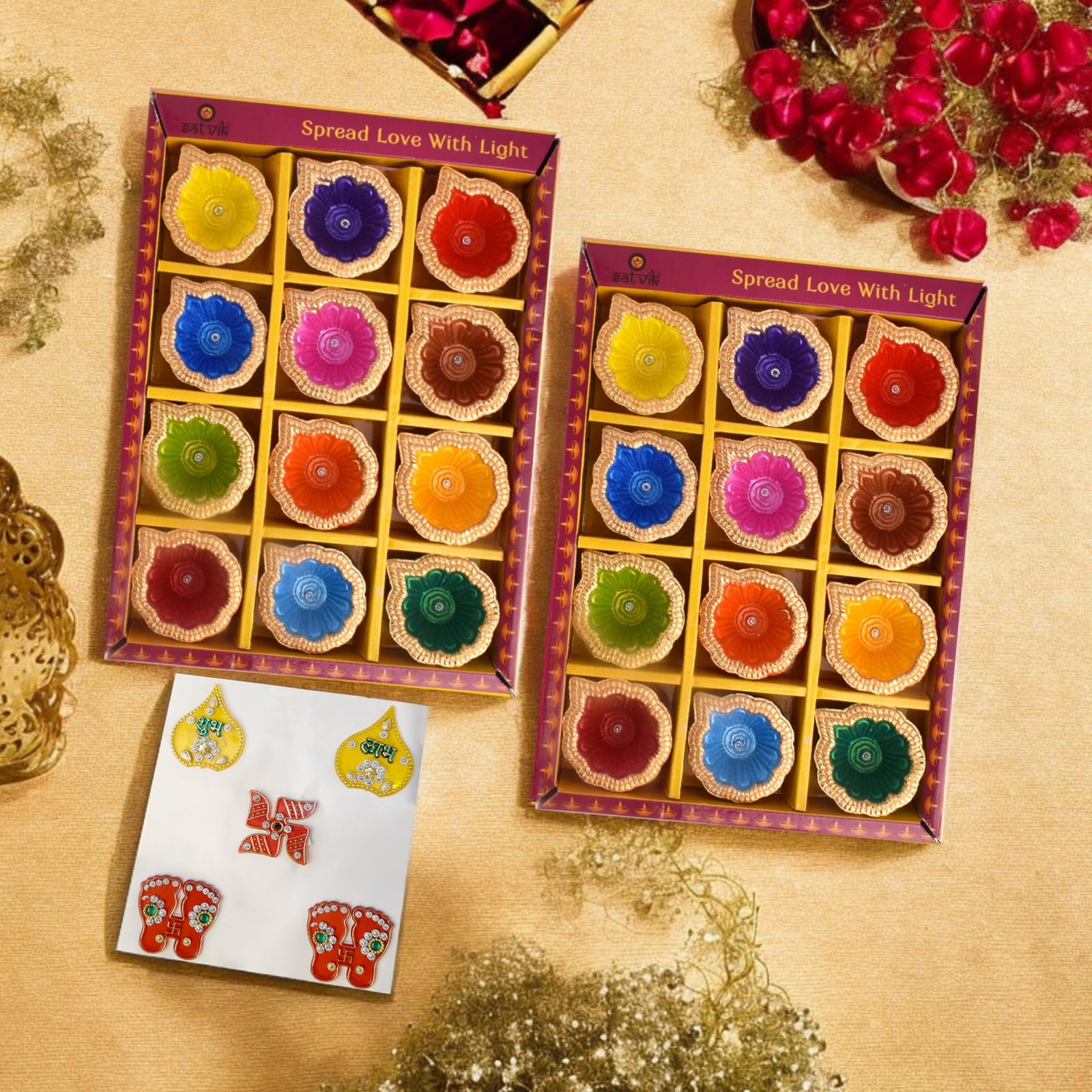 SATVIK 24 Pc Multicolor Clay Diya with Laxmi Charan Stickers Terracotta Dia T...