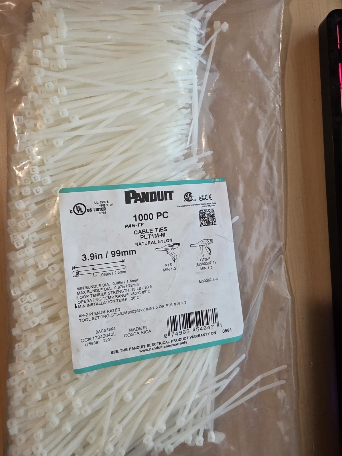 2 pack Panduit PLT1M-M Pan-Ty Weather Resistant Cable Ties, 3.9" Natural