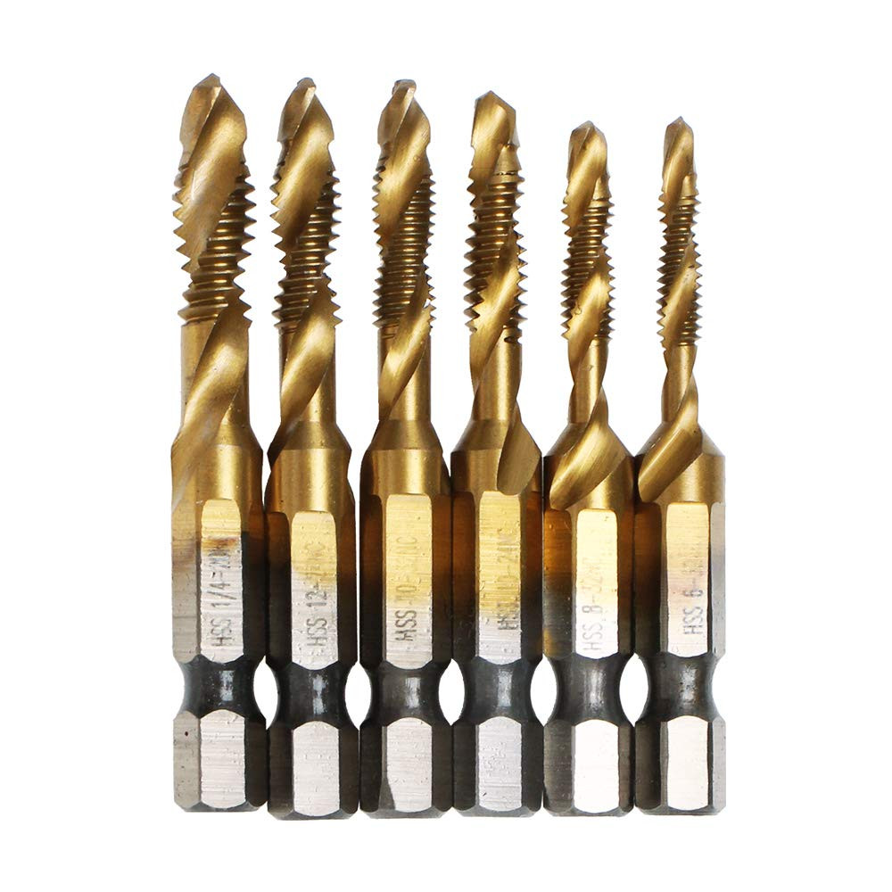 6 Pack Titanium Combination Drill Tap Bit Set Screw Tapping SAE 6-32NC 8-32NC 10