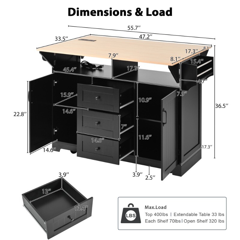 55.7'' Large Kitchen Island with 2 Drop Leaf Rolling Kitchen Cart on 5 Wheels