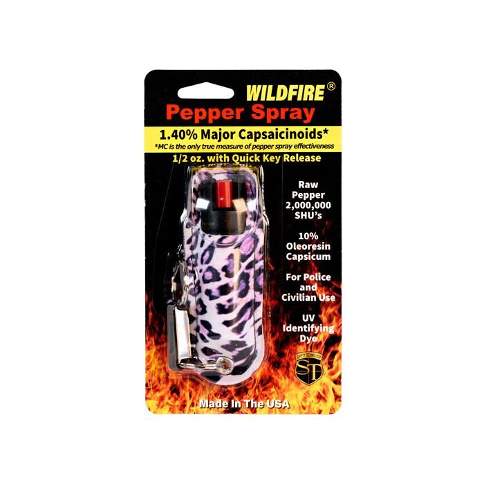 Wildfire® 1.4%MC Small 1/2oz Pepper Spray in Fashion Halo Holster Purple Leopard