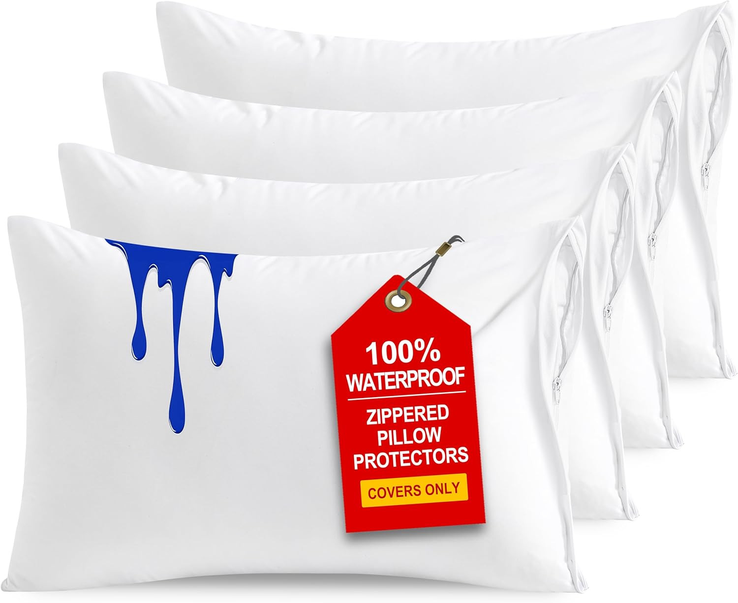 NTBAY Waterproof Queen Pillow Protectors, 4 Pack, White | Quiet Jersey Knit Prot