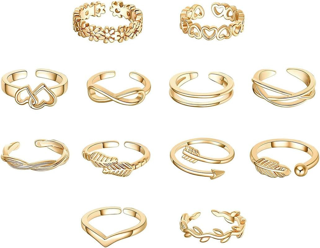 12PCS Toe Rings for Women 14K Gold/Silver Plated Adjustable Ring Set Gold