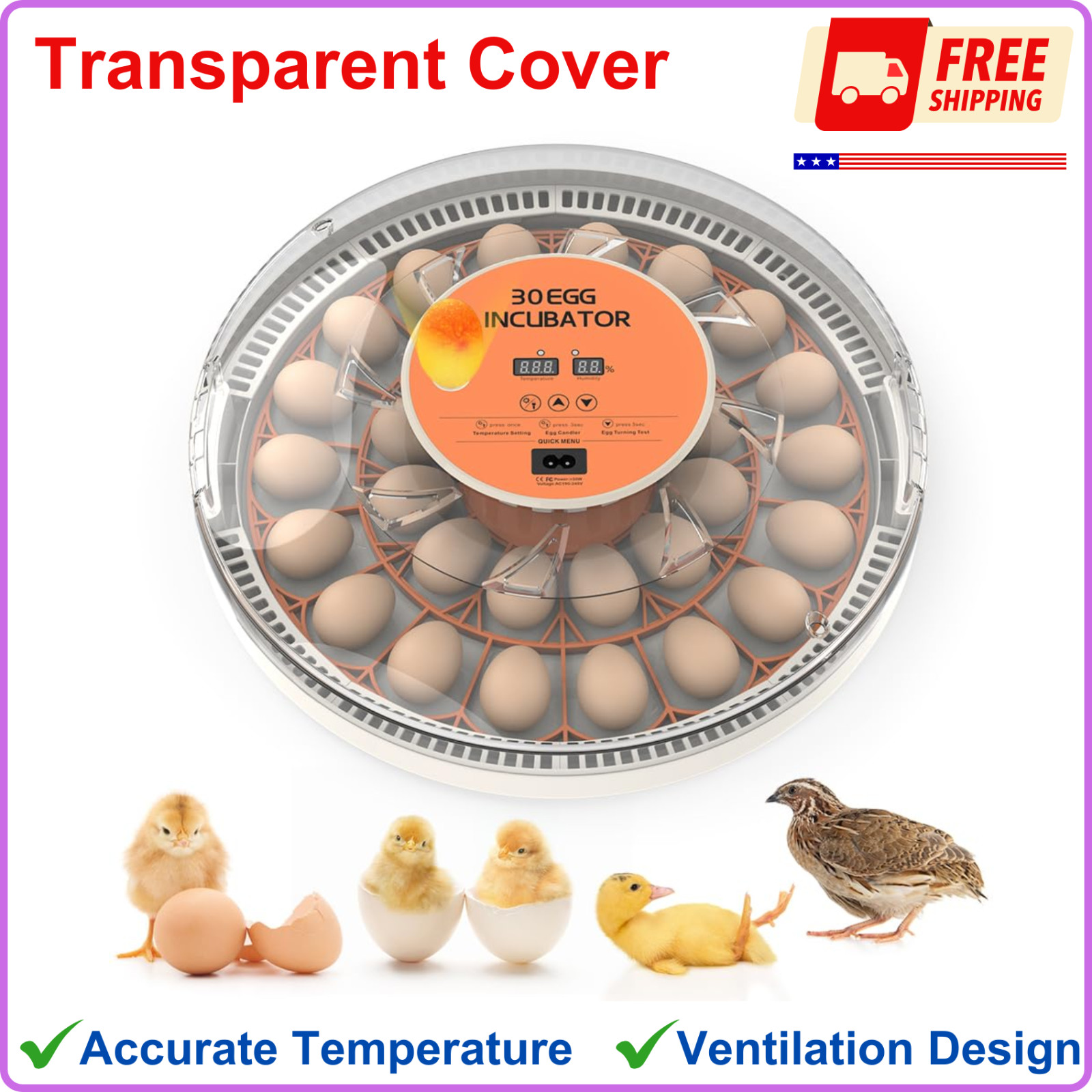 Incubators for Hatching Egg 30 Egg Incubator, Automatic Egg Turning, Transparent