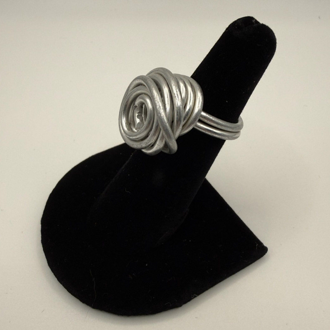 Handcrafted Adjustable Ring Silver Aluminum Wire-Wrapped Rose Size 7
