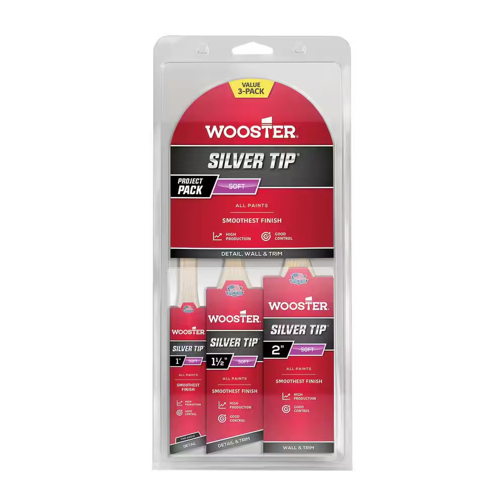 1 In. Thin Angle Sash, 1-1/2 In. Angle Sash and 2 In. Flat Trim Silver Tip Brush