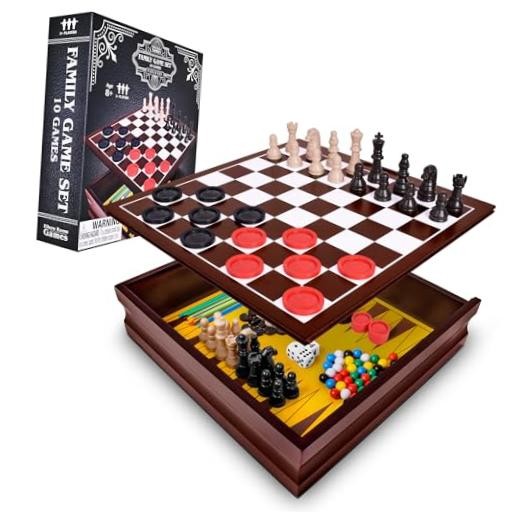 Games Family Game Set, 10 Classic Games with Wooden Storage Box and Built-in