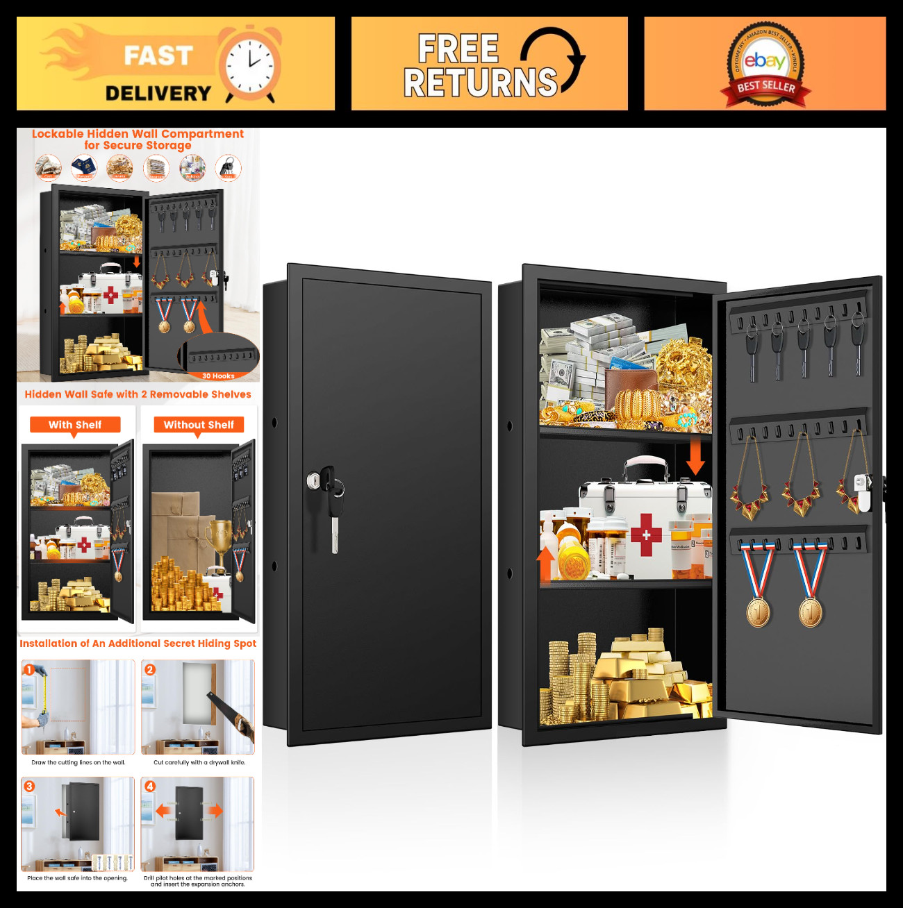 22" Tall In-Wall Safe with Removable Shelf & 30 Hooks for Keys, Jewelry, Valuabl