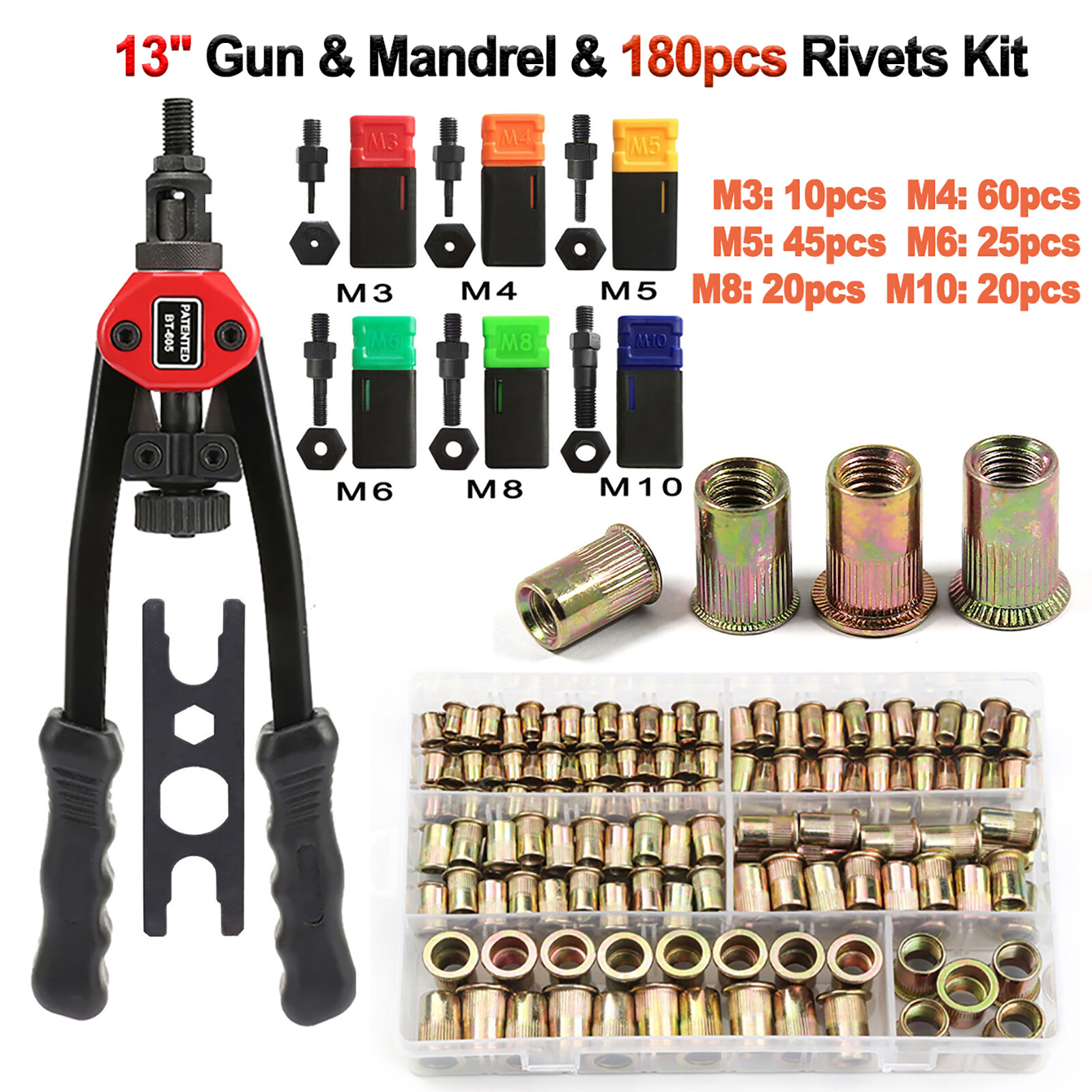 120pcs Rivet Nut +Hand Threaded Rivet Nuts Gun Double Insert Manual Rivet Tool