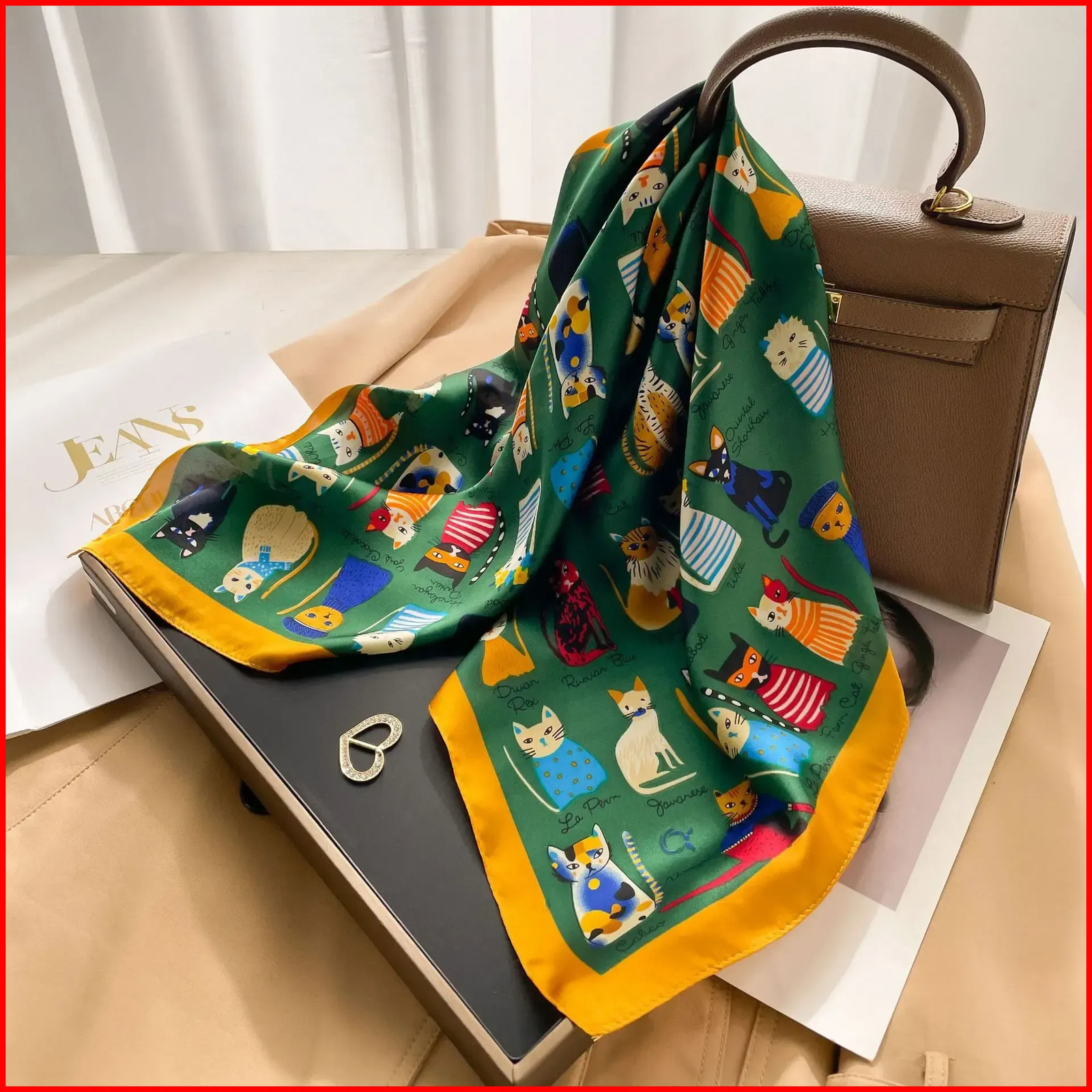 Women Cat Print Square Scarf 70cm Satin Silk Feel Headscarf Fashion Wrap Scarf