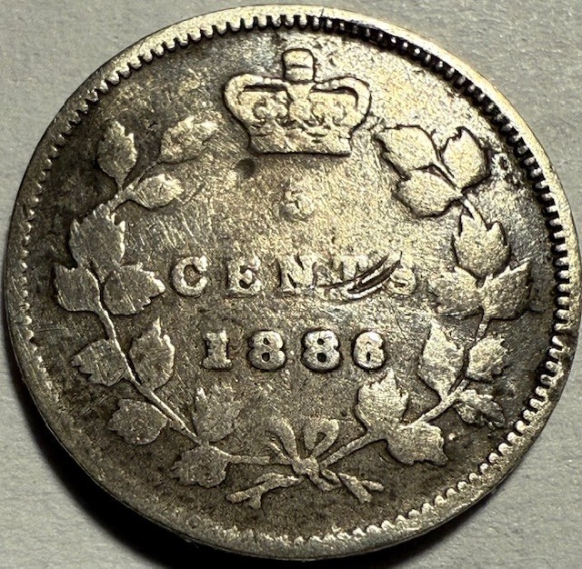 CANADA - Queen Victoria - Silver 5 Cents - 1886 - Genuine, Used, Abused, CHEAP!