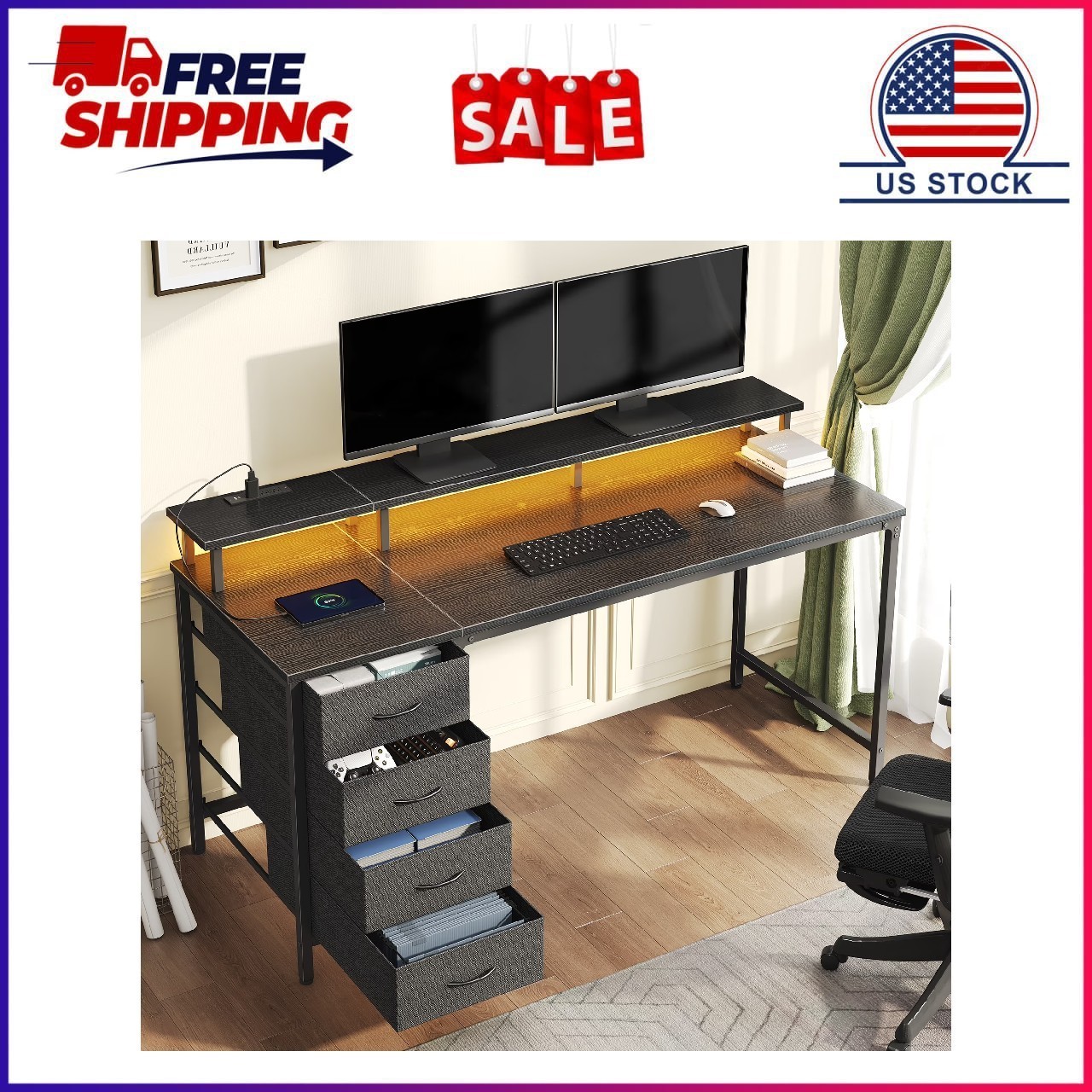 Gianna 40-Inch Computer Desk with Power Outlets and LED Lights, Gaming Desk with