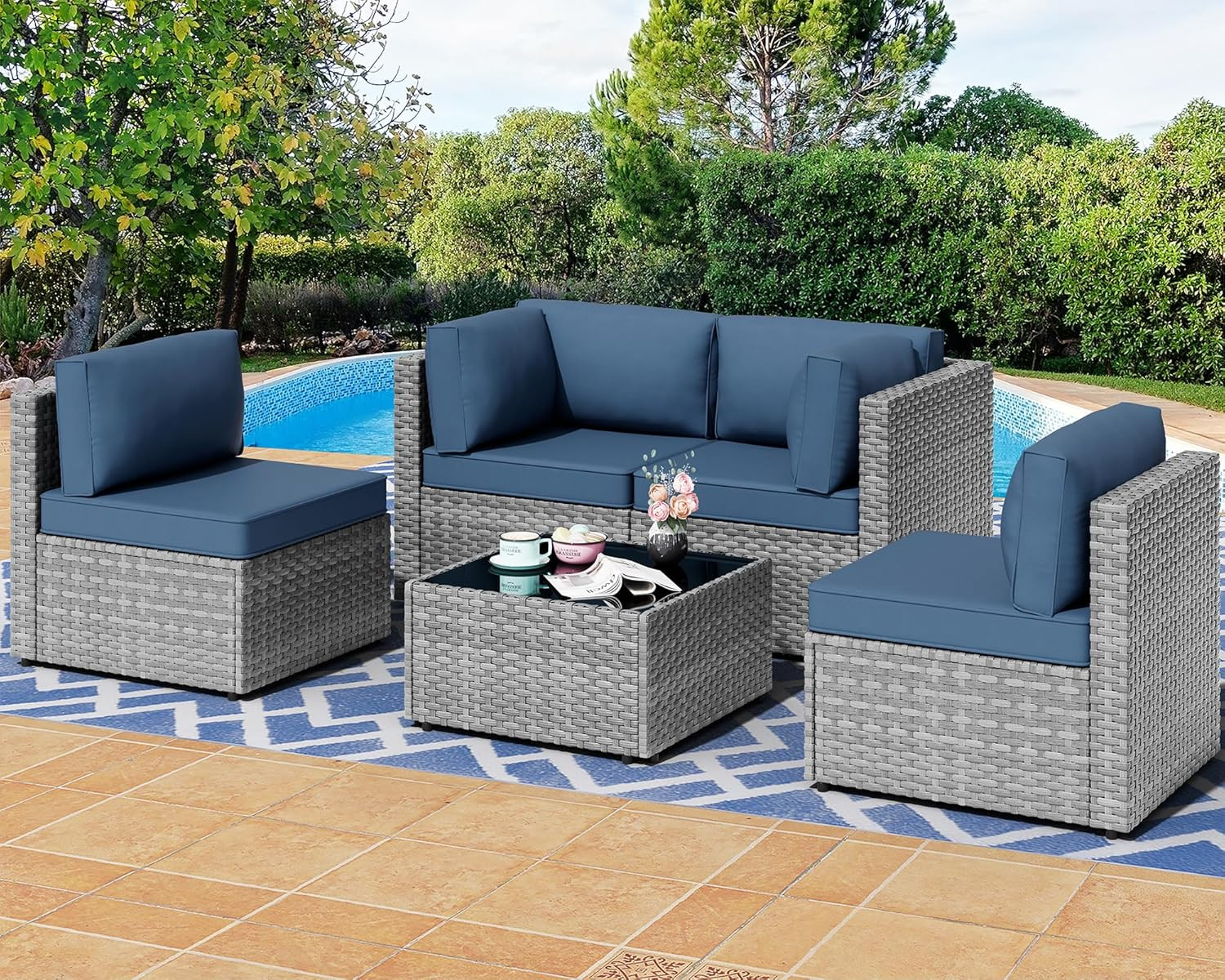 5 Pieces Outdoor Patio Furniture Sets, Patio Sectional Sofa Couch, Gray PE Wicke