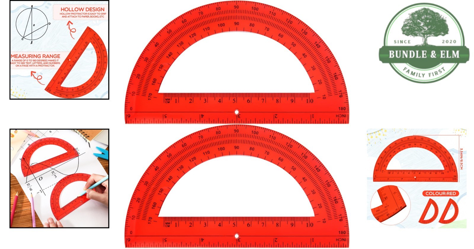 Durable Plastic Protractors, 180 Degrees, Ideal for School Supplies and Projects