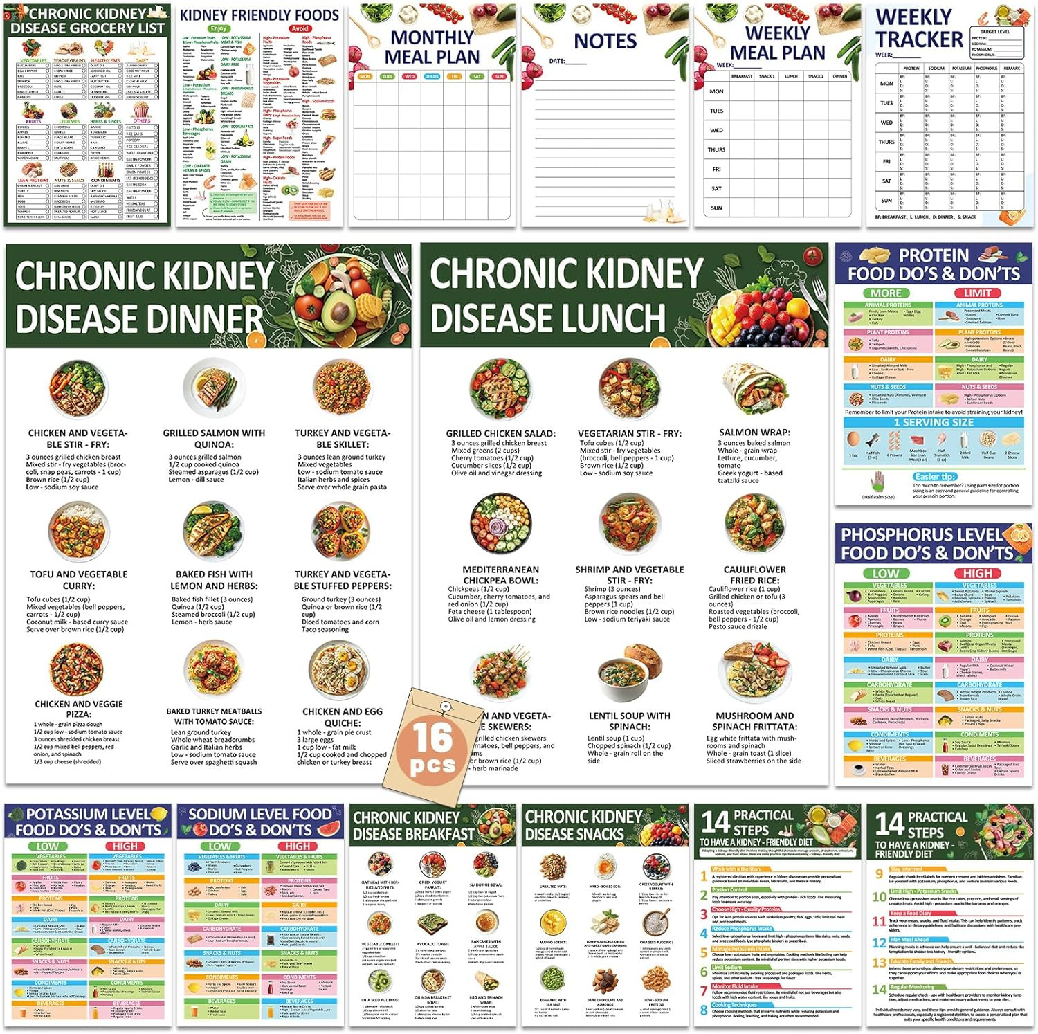 16Pcs Kidney Friendly Food List Chart Poster for Chronic Kidney Disease Food Cha