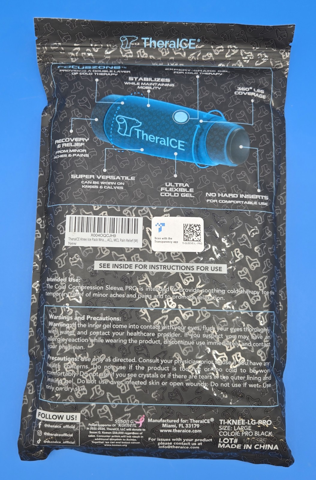 TheralCE Cold Compression Knee Sleeve PRO Large Black Reusable Ice Pack Wrap