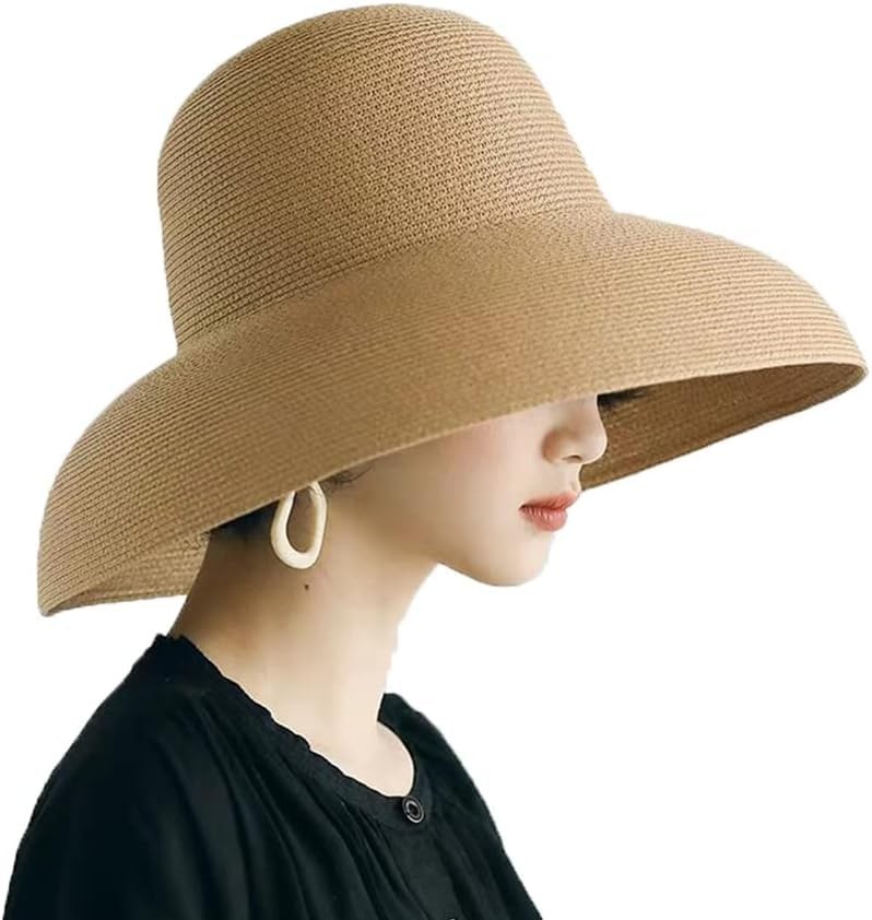 Floppy Wide Brim Summer Beach Straw Hat UPF Straw Sun Hat for Women Girl (Khaki)